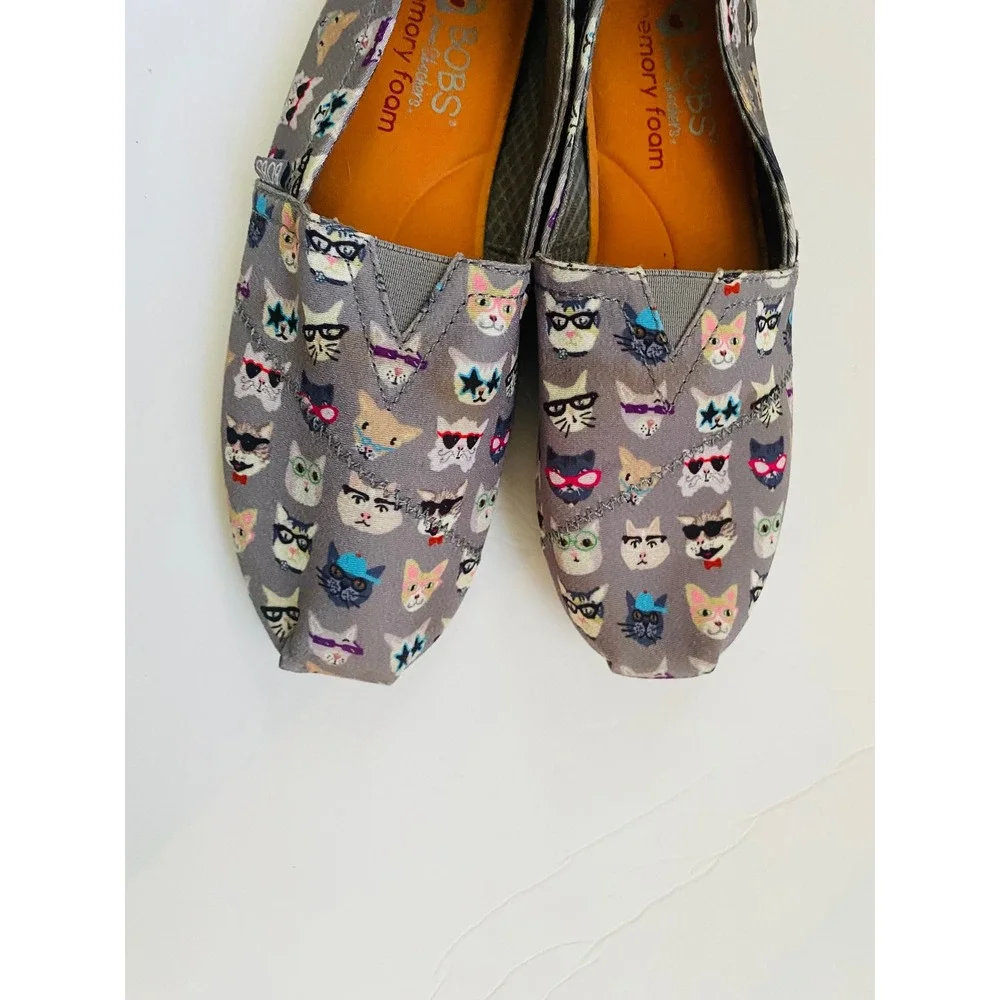 Skechers BOBS for Cats Grey Canvas Slip On Flats Glasses Print Shoes‎ sz 8